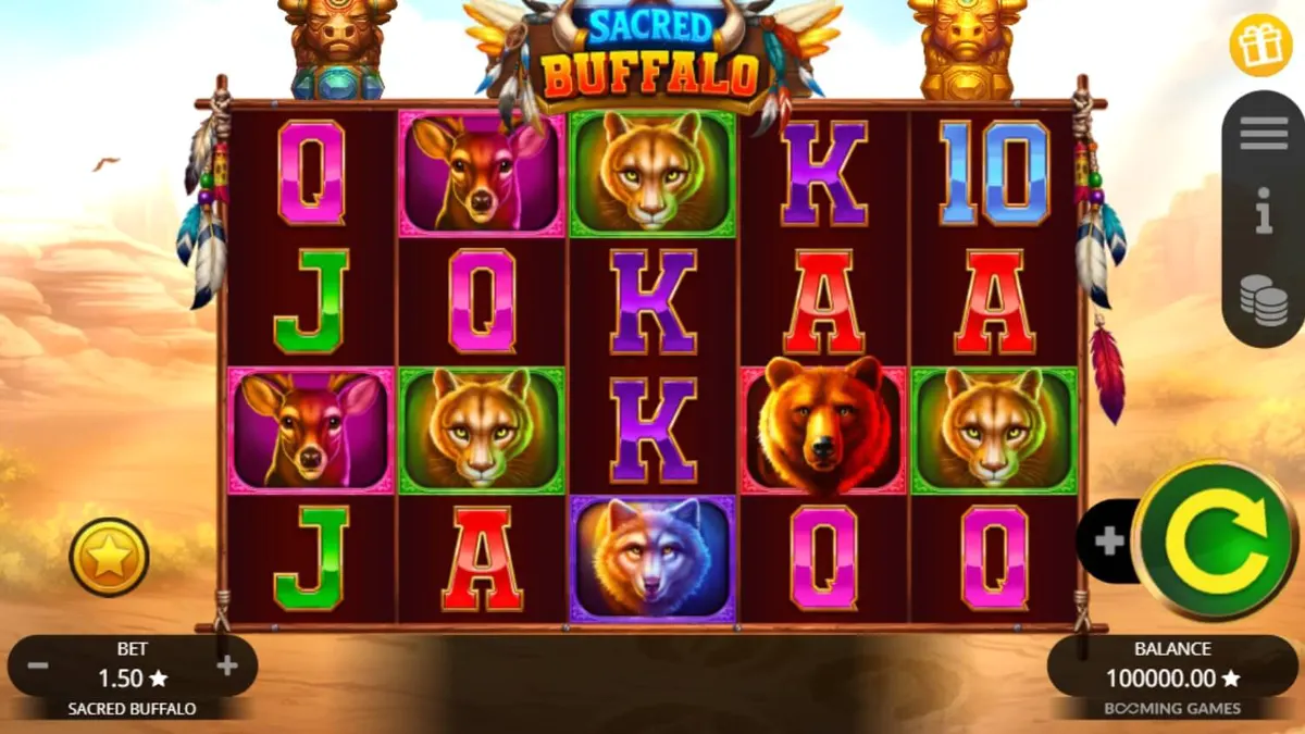 Tampilan visual slot Sacred Buffalo dengan latar belakang padang rumput dan simbol totem yang bercahaya.